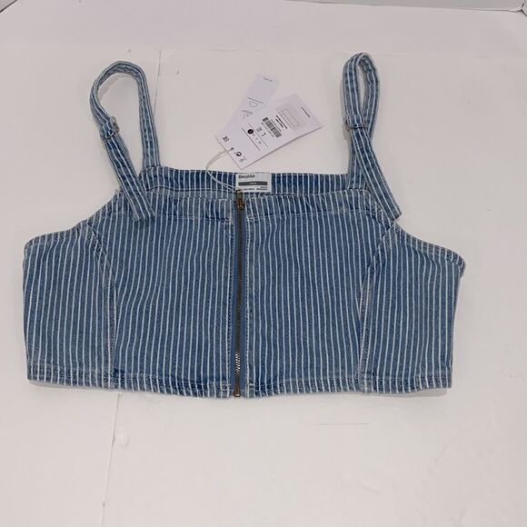 Bershka Strap Detail PinstripesBlue Denim  Zip Up Crop Top In Size Large - Picture 11 of 17